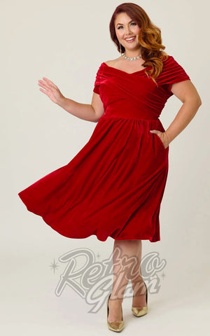 Unique Vintage Crossover Bust Swing Dress in Burgundy Velvet curvy