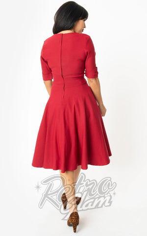 Unique Vintage Delores Swing Dress in Merlot Red back