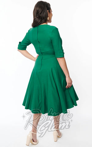 Unique Vintage Delores Swing Dress in Green emerald back