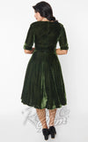 Unique Vintage Delores Swing Dress in Olive Green Velvet back