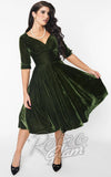Unique Vintage Delores Swing Dress in Olive Green Velvet