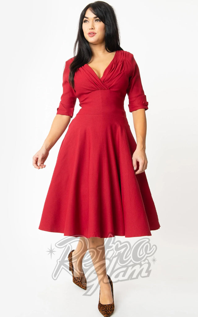 Unique Vintage Delores Swing Dress in Merlot Red