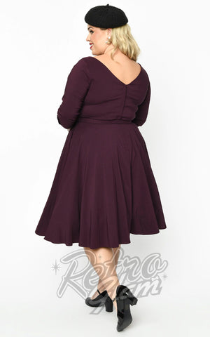 Unique Vintage 1950's Devon Swing Dress With Bow in Eggplant back