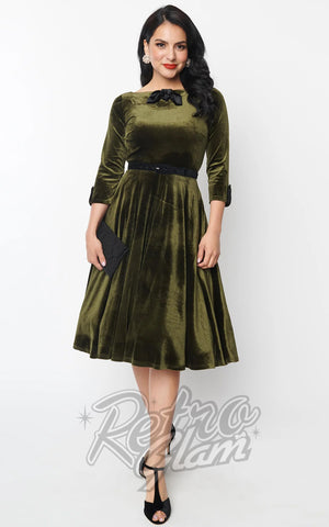 Unique Vintage 1950's Devon Swing Dress in Olive Green Velvet