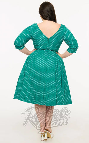 Unique Vintage 1950's Devon Swing Dress in Teal & White Pindot plus size back