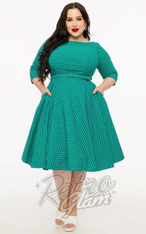 Unique Vintage 1950's Devon Swing Dress in Teal & White Pindot curvy