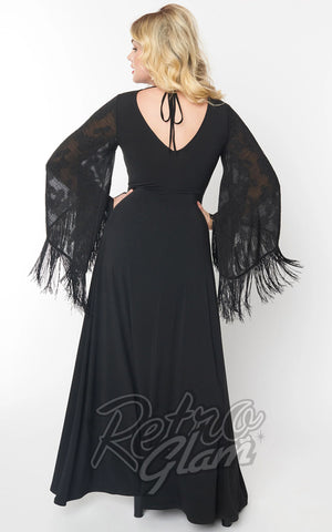 Smak Parlour Black Ruched Maxi Dress With Fringed Sleeves back