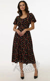 Unique Vintage Black & Strawberry Print Midi Dress