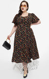 Unique Vintage Black & Strawberry Print Midi Dress plus sized pinup