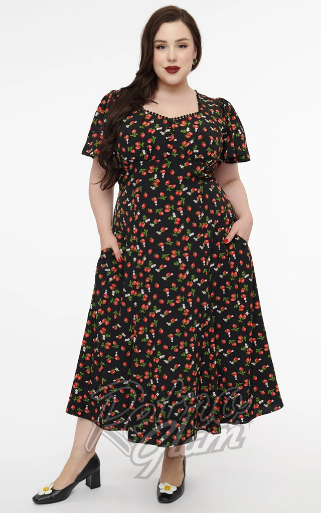 Unique Vintage Black & Strawberry Print Midi Dress - Pre-Order