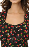 Unique Vintage Black & Strawberry Print Midi Dress fabric