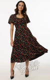 Unique Vintage Black & Strawberry Print Midi Dress godet