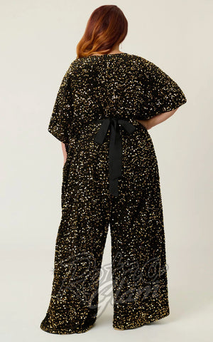 Unique Vintage Black & Gold Sequin Caftan Jumpsuit back