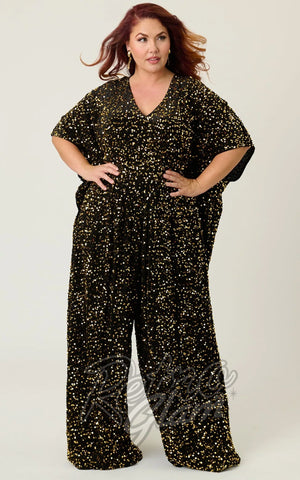 Unique Vintage Black & Gold Sequin Caftan Jumpsuit