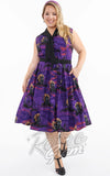 Unique Vintage Edith Dress In Purple Haunted House Print curvy