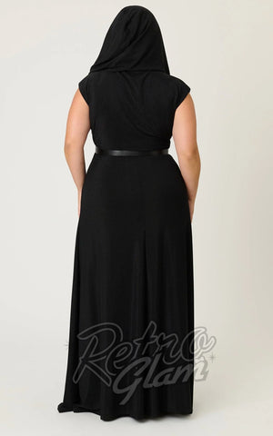 Unique Vintage Hooded Maxi Dress in Black plus sized back