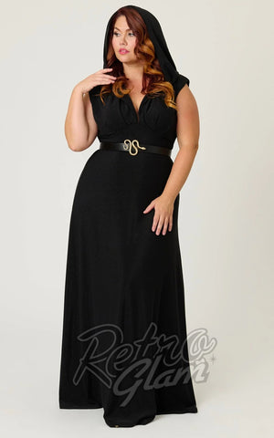Unique Vintage Hooded Maxi Dress in Black plus sized