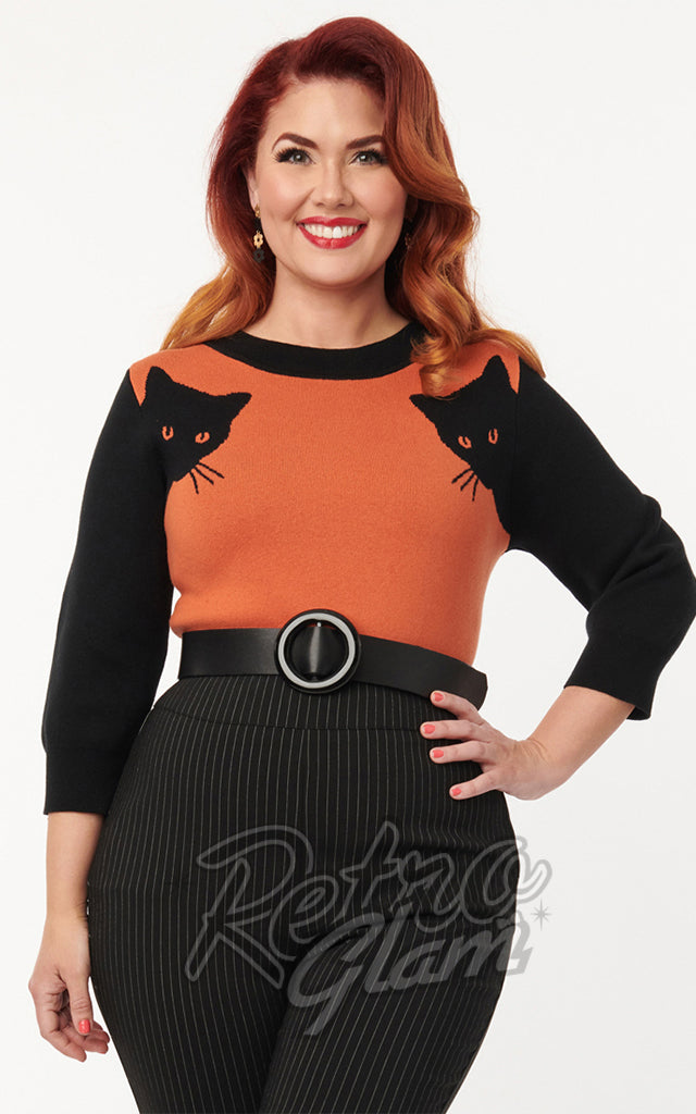 Unique Vintage Minou Orange Black Cat Sleeve Sweater - XL/1XL left only