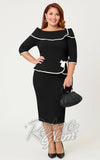 Unique Vintage Peplum Dress in Black with Ivory Trim curvy