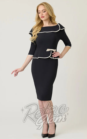 Unique Vintage Peplum Dress in Black with Ivory Trim