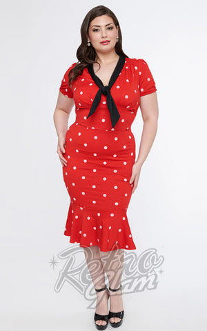 Unique Vintage Red & White Polka Dot Necktie Wiggle Dress curvy