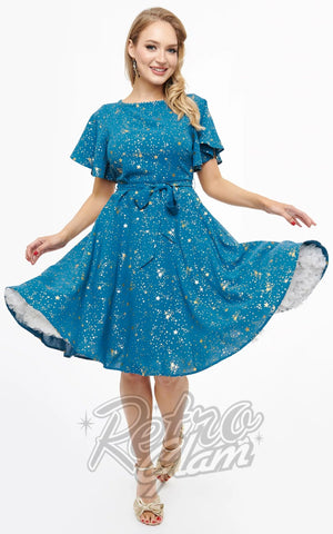 Unique Vintage Teal & Gold Star Swing Dress pinup