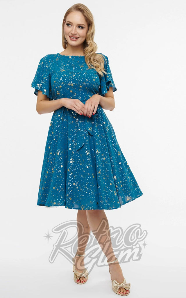 Unique Vintage Teal & Gold Star Swing Dress