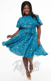 Unique Vintage Teal & Gold Star Swing Dress curvy