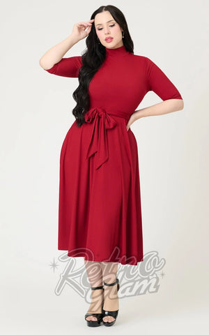 Unique Vintage 1950s Burgundy Turtleneck Midi Dress