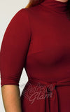 Unique Vintage 1950s Burgundy Turtleneck Midi Dress curvy detail