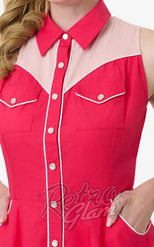 Unique Vintage Western Flare Dress in Pink detail