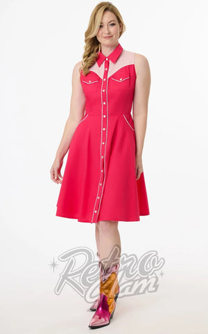 Unique Vintage Western Flare Dress in Pink