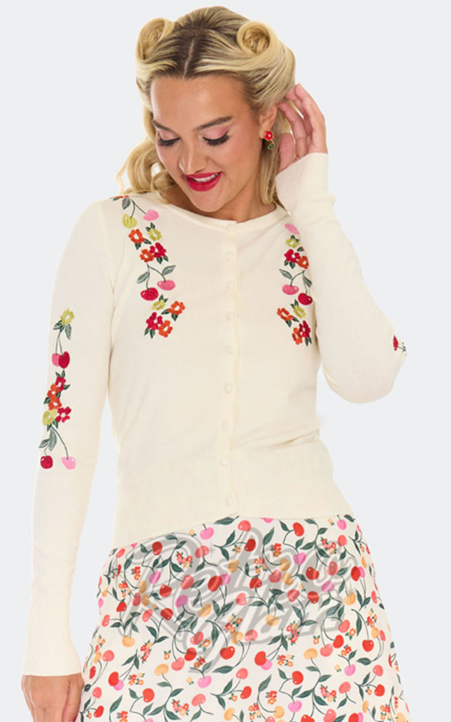 Voodoo Vixen Colourful Cherries Ivory Cardigan