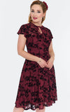 Voodoo Vixen Burgundy 40's Dress in Flocked Roses detail