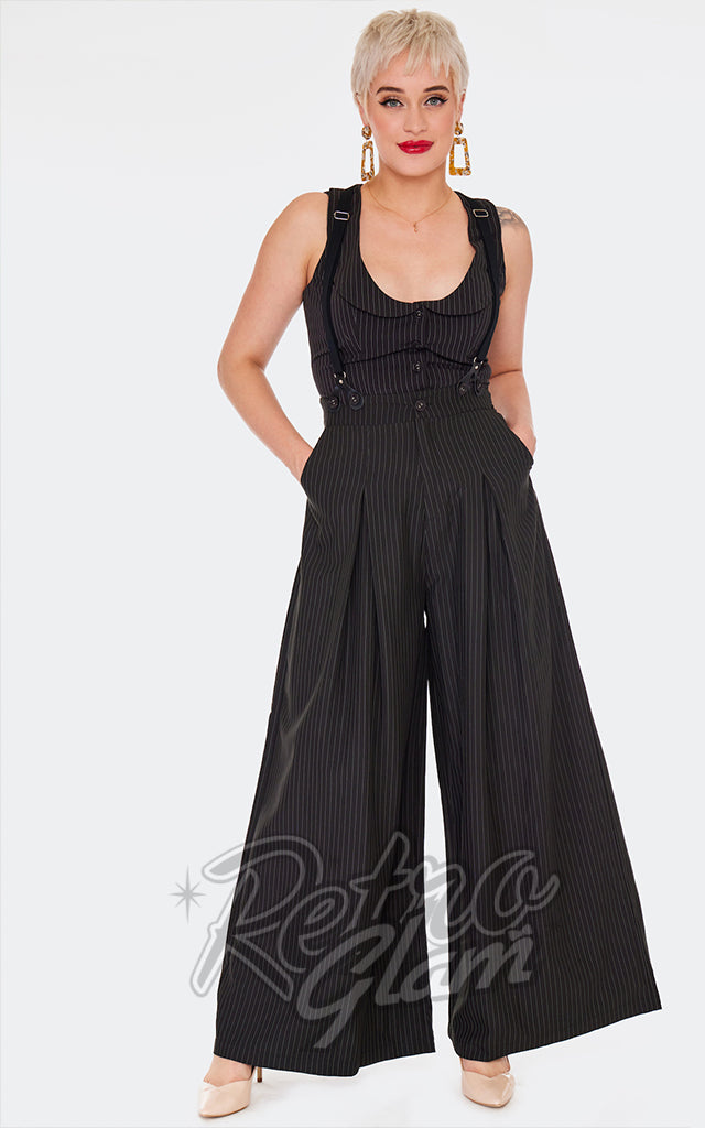 Voodoo Vixen Kourt Suspender Trousers in Black Pinstripe – Retro Glam