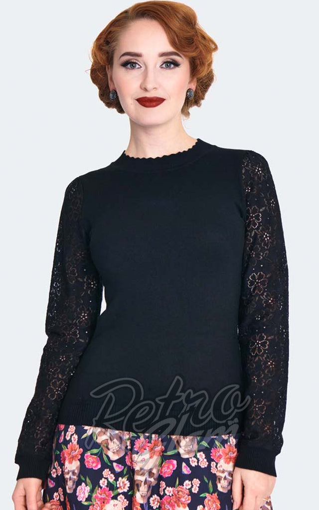 Voodoo Vixen Lace Sleeve Pullover in Black - L left only