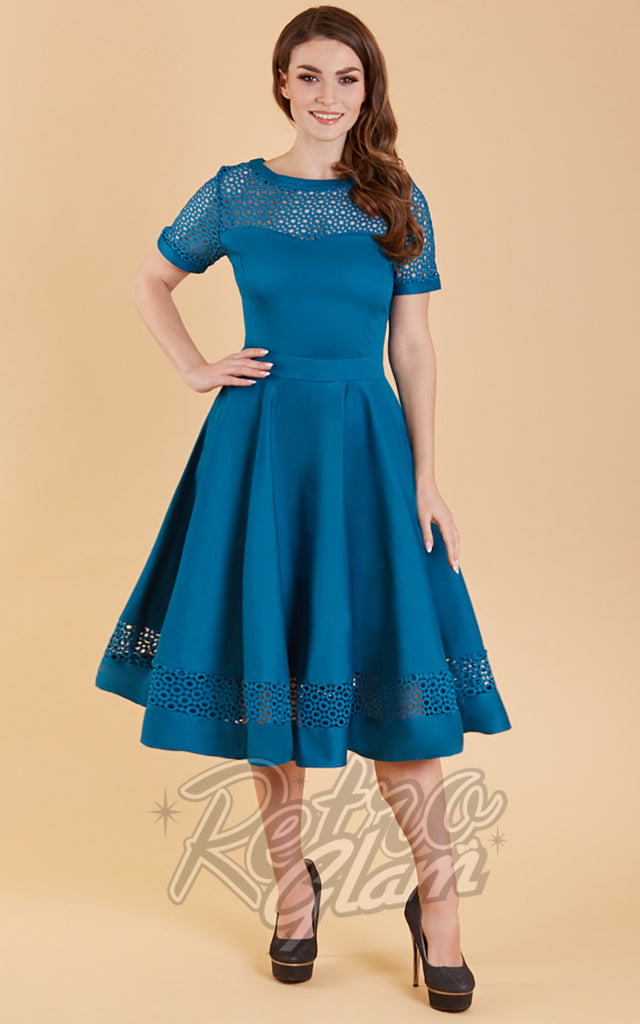 Dolly and Dotty Tess Lace Sleeved Dress in Peacock Blue - M & 2XL left only