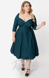 Unique Vintage Lamar Swing Dress in Dark Teal curvy 50s