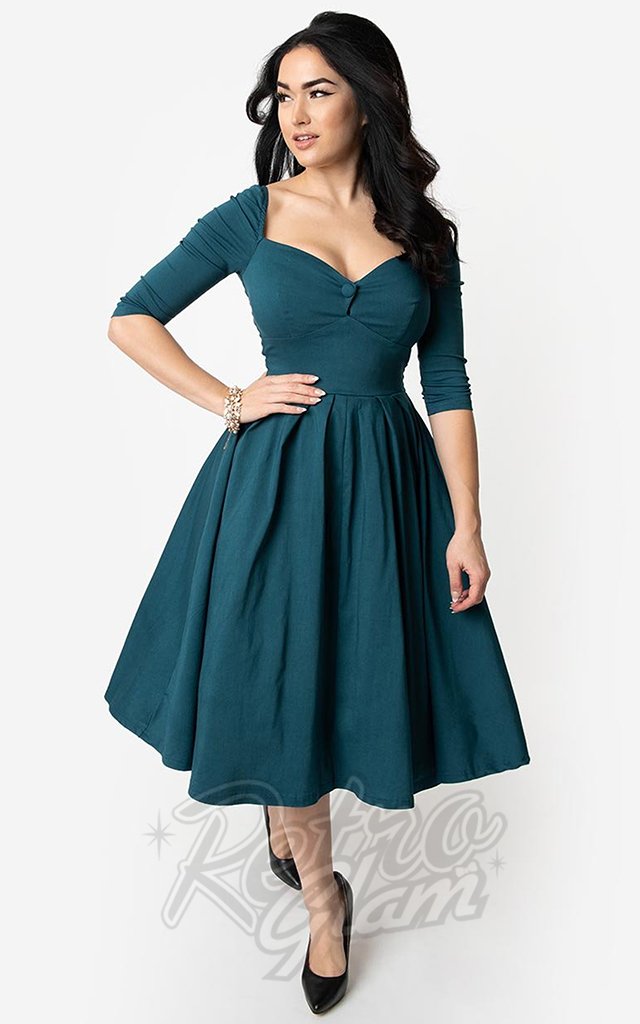 Unique Vintage Lamar Swing Dress in Dark Teal Green