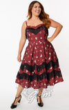 Unique Vintage Fringe Girlie Dress in Burgundy Cowgirl Print curvy