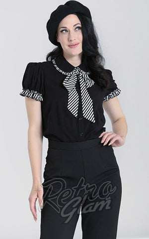Hell Bunny Leslie Blouse in Black with B & W Stripe Trim