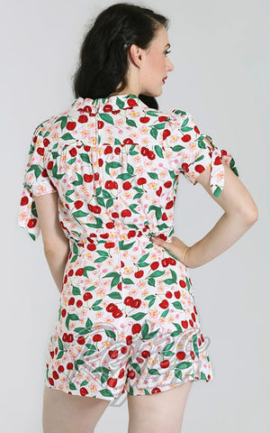Hell Bunny Simona Playsuit in White Cherry Print back