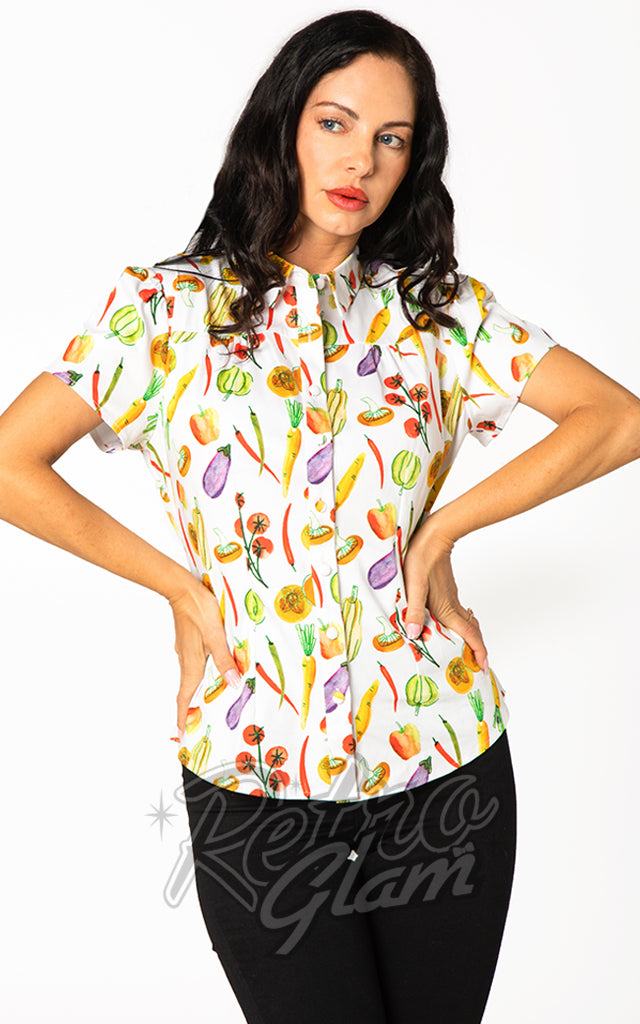 Miss Lulo Ayla Fitted Camp Shirt in Vegetable Print - M left only