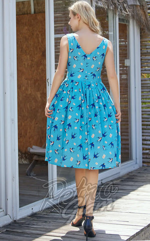 Miss Lulo Lily Dress in Blue Swallows Print back