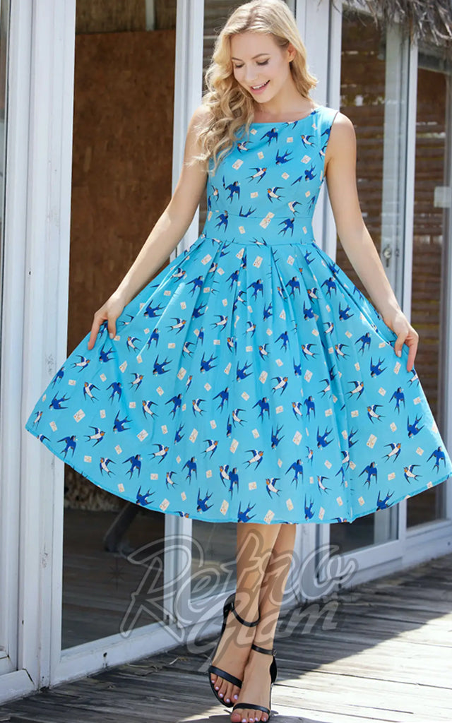 Miss Lulo Lily Dress in Blue Swallows Print - L,2XL left only