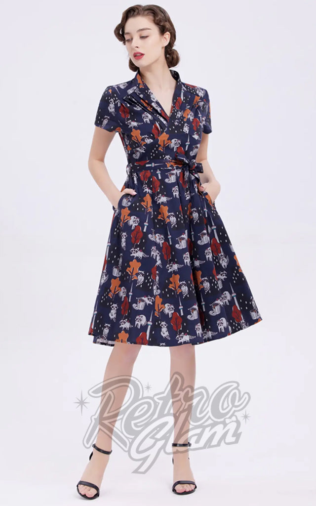 Miss Lulo Navy Rose Swing Dress in Raccoons Print - 3XL left only