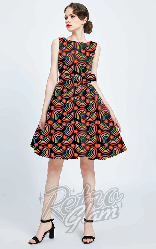 Miss Lulo Ruby Fit & Flare Dress in Rainbow Print - 4XL left only