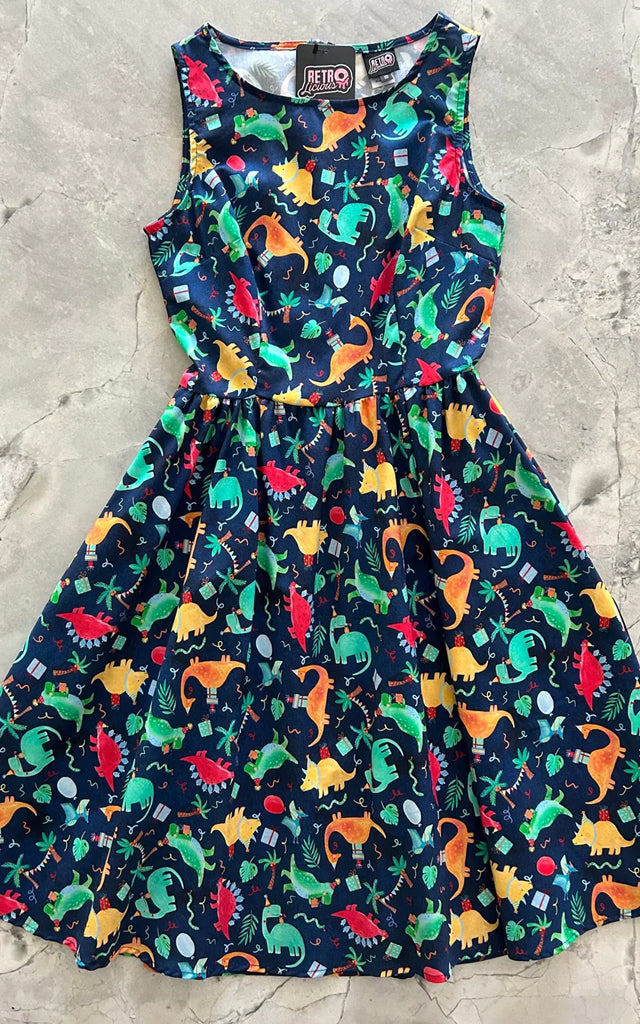 Retrolicious Vintage Dress in Party Dinos Print - L & 1XL left only