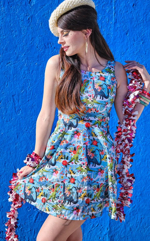 Retrolicious Skater Dress in Festive Dinos Print - L left only