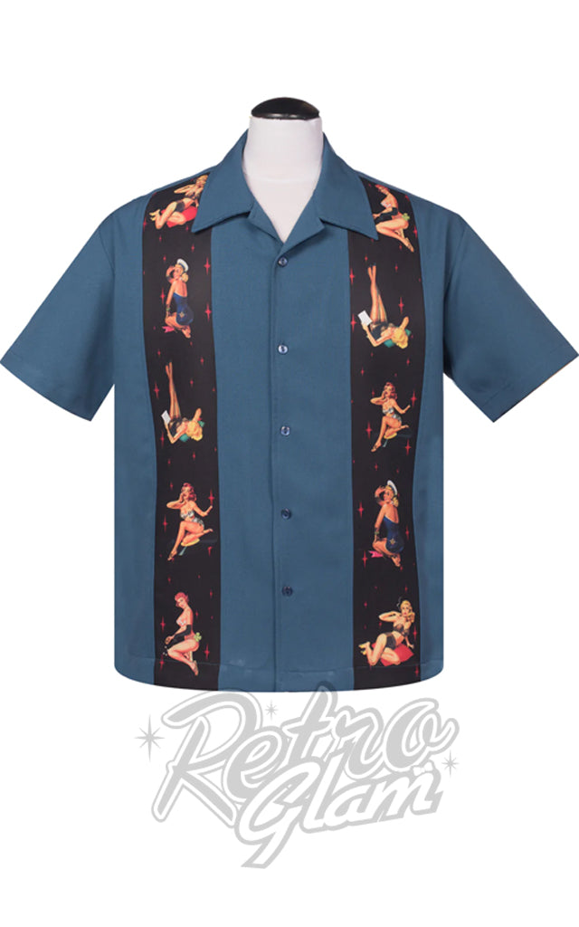 Steady Multi Pinup Panel Bowling Shirt in Blue - 3XL only